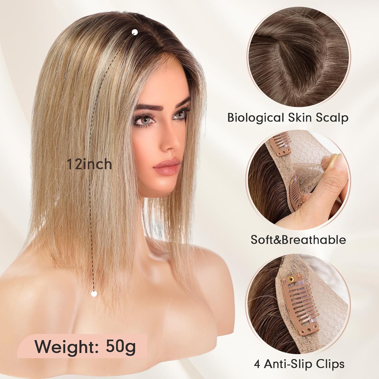 Starluck 5 Inch Brown Blonde Highlight Real Human Hair Topper for Women - Image 3