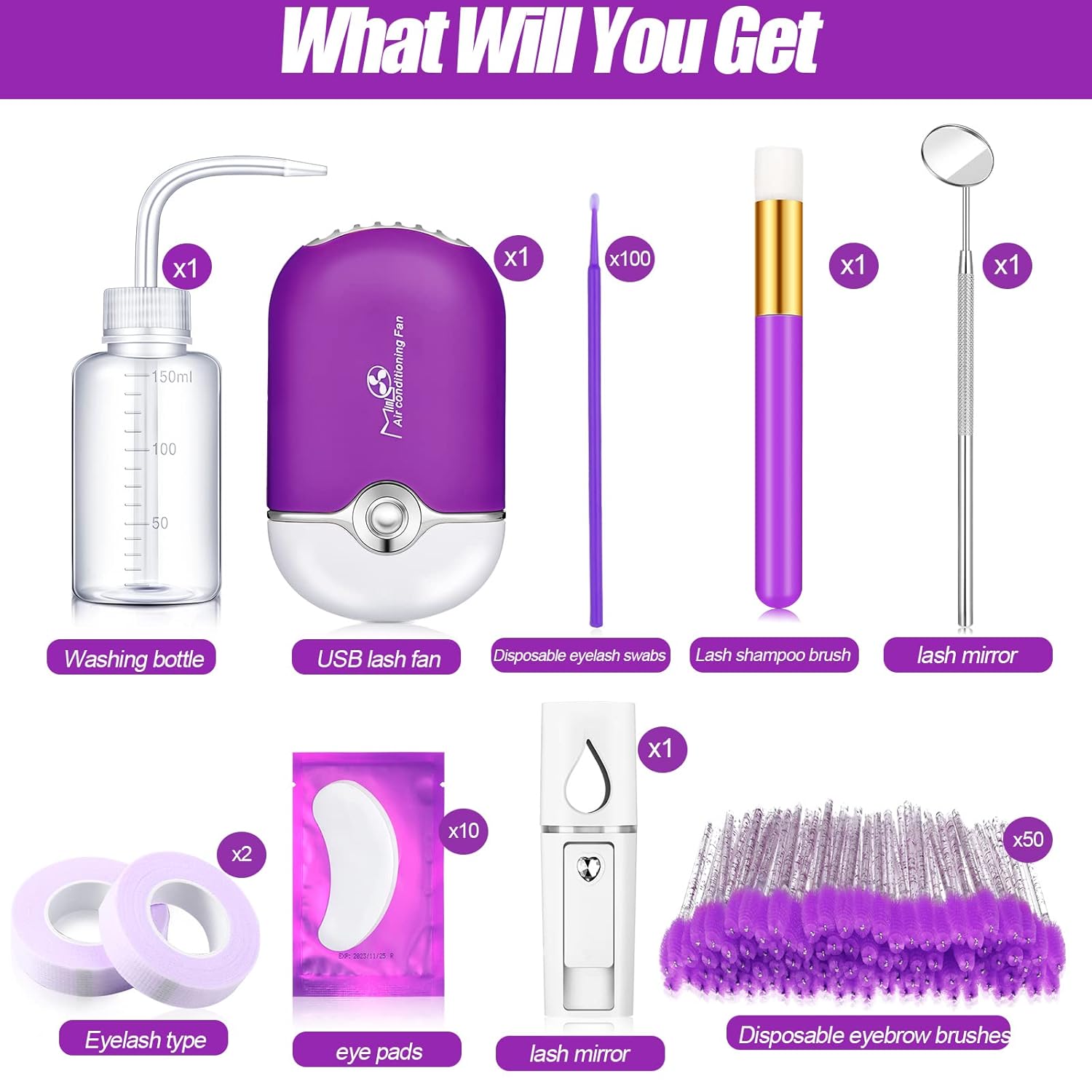 Purple Eyelash Extension Kit with USB Blower, Facial Mister, Tweezers, Gel Pads, and More - Image 7
