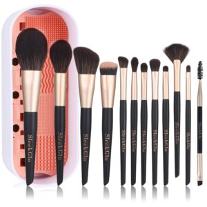 Makeup Brush Set 12 Pcs Premium Synthetic Foundation Powder Concealers Eye shadows Highlight Blush Makeup Brushes (Blackgold) with Makeup Brush Cleaner Box Convenient for Travel and Home Use