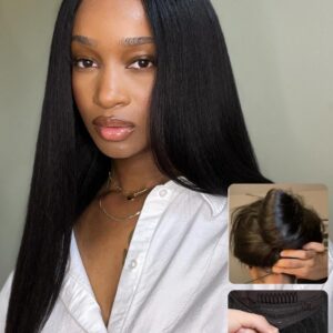 Nadula Bye Bye Knots Yaki Straight Glueless Wig Human Hair with Elastic Drawstring Pre Cut 7x5 Invisible Knots HD Lace Front Put on and Go Wigs Pre Everything Glueless Light Kinky Staight Wigs 18inch