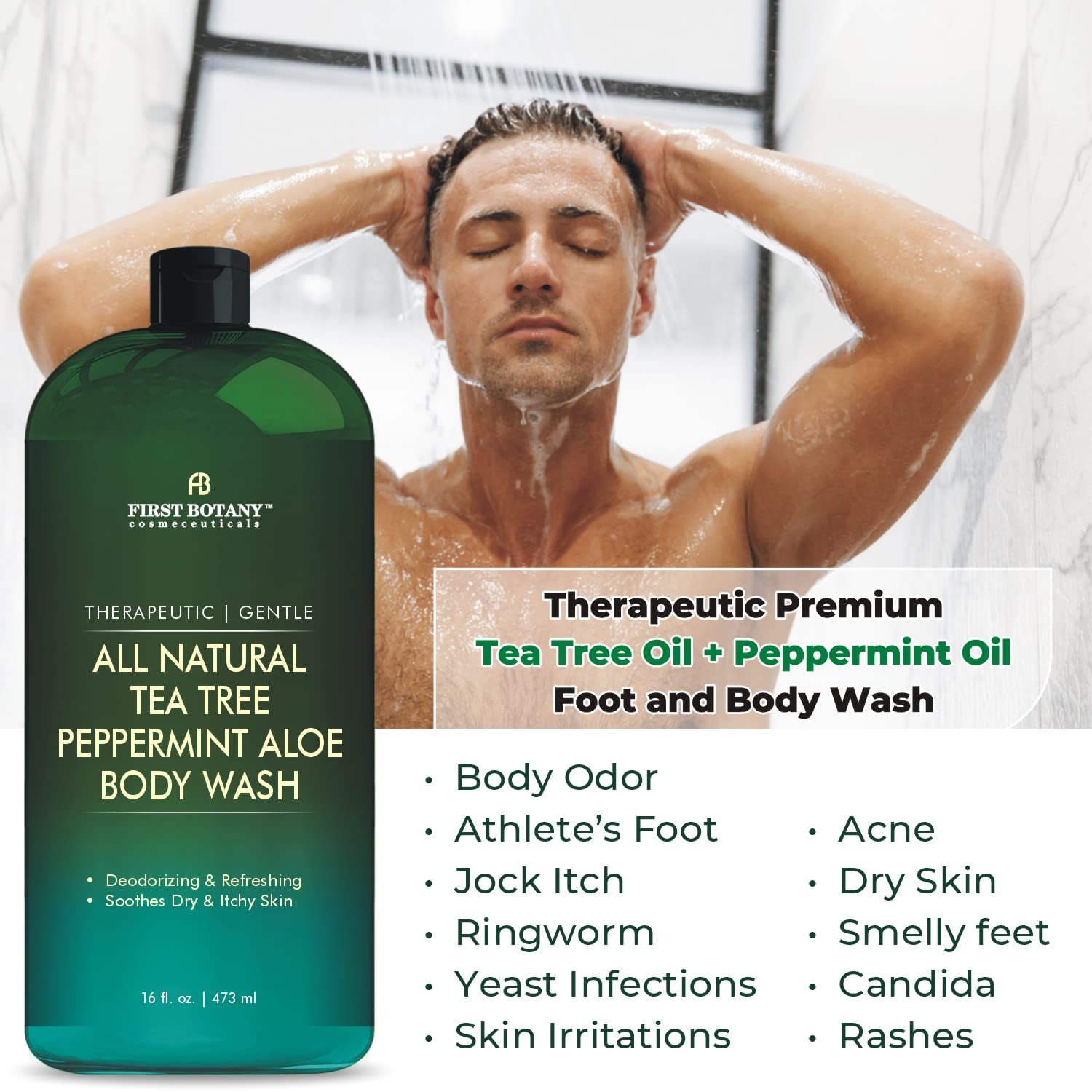 First Botany All Natural Body Wash 16 fl oz Tea Tree Mint for Body Odor, Athlete's Foot, Jock Itch, Acne, Eczema, Dandruff - Image 2