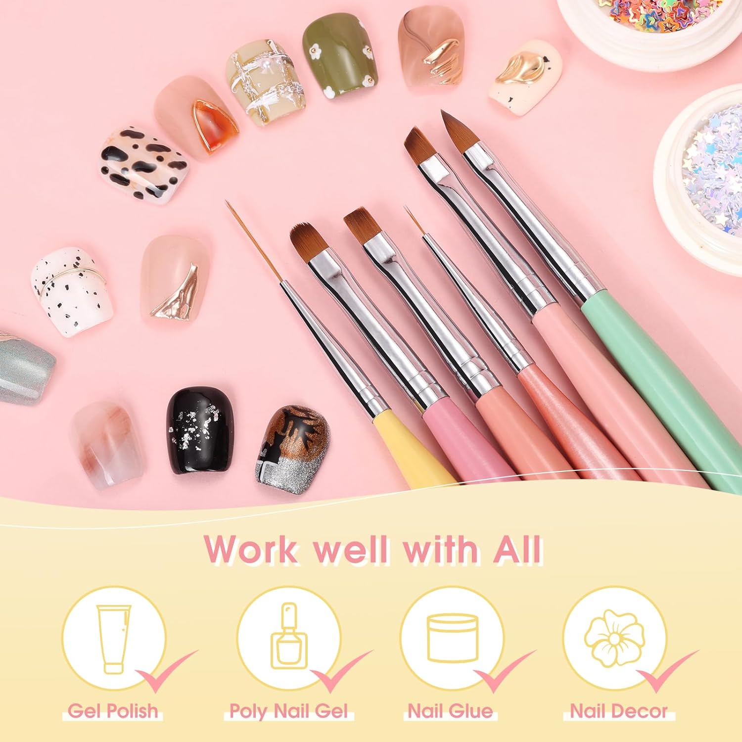 6PCS Rainbow Nail Art Brush Set for Professional Nail Design, DIY Manicure Kit - Image 3