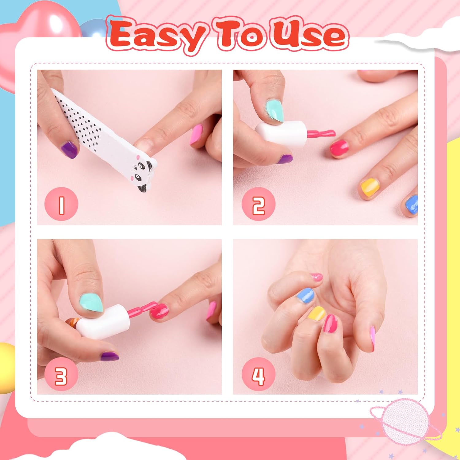 Non-Toxic Peel-Off Water-Based Nail Polish Set for Kids Ages 3+, 7 Vibrant Colors with Stickers - Image 7
