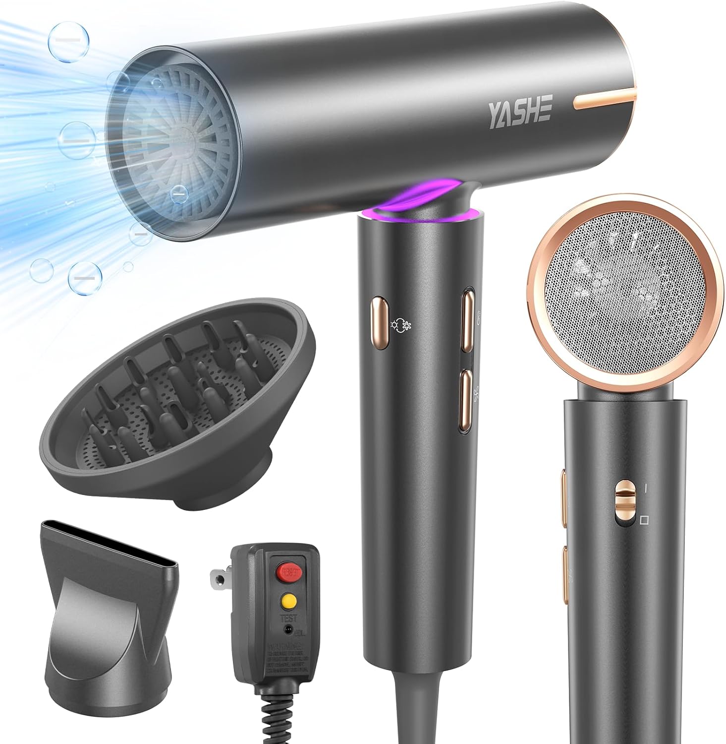 YASHE Hair Dryer with Diffuser, 1400W High-Speed Brushless Motor, 110,000 RPM Fast Drying of All Hair Types, Thermo-Control Negative Ionic Blow Dryer, 4 Temps & 3 Speeds, Lightweight for Home Travel