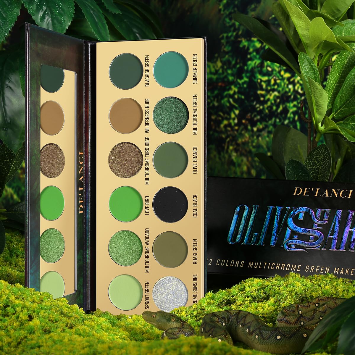 DE'LANCI Glitter Olive Green 12-Color Ultra-Pigmented Multichrome Eyeshadow Makeup Palette - Image 8