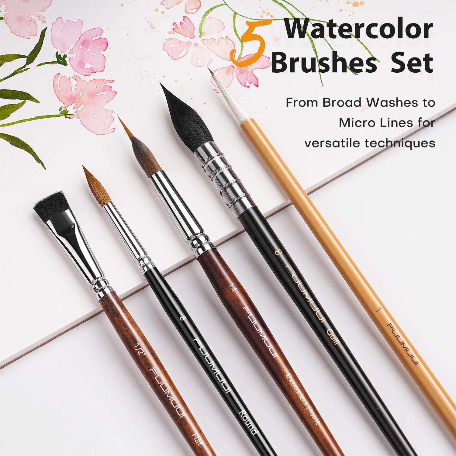 Fuumuui 5pc Professional Watercolor Paint Brush Set Sable Synthetic Round Flat - Image 2