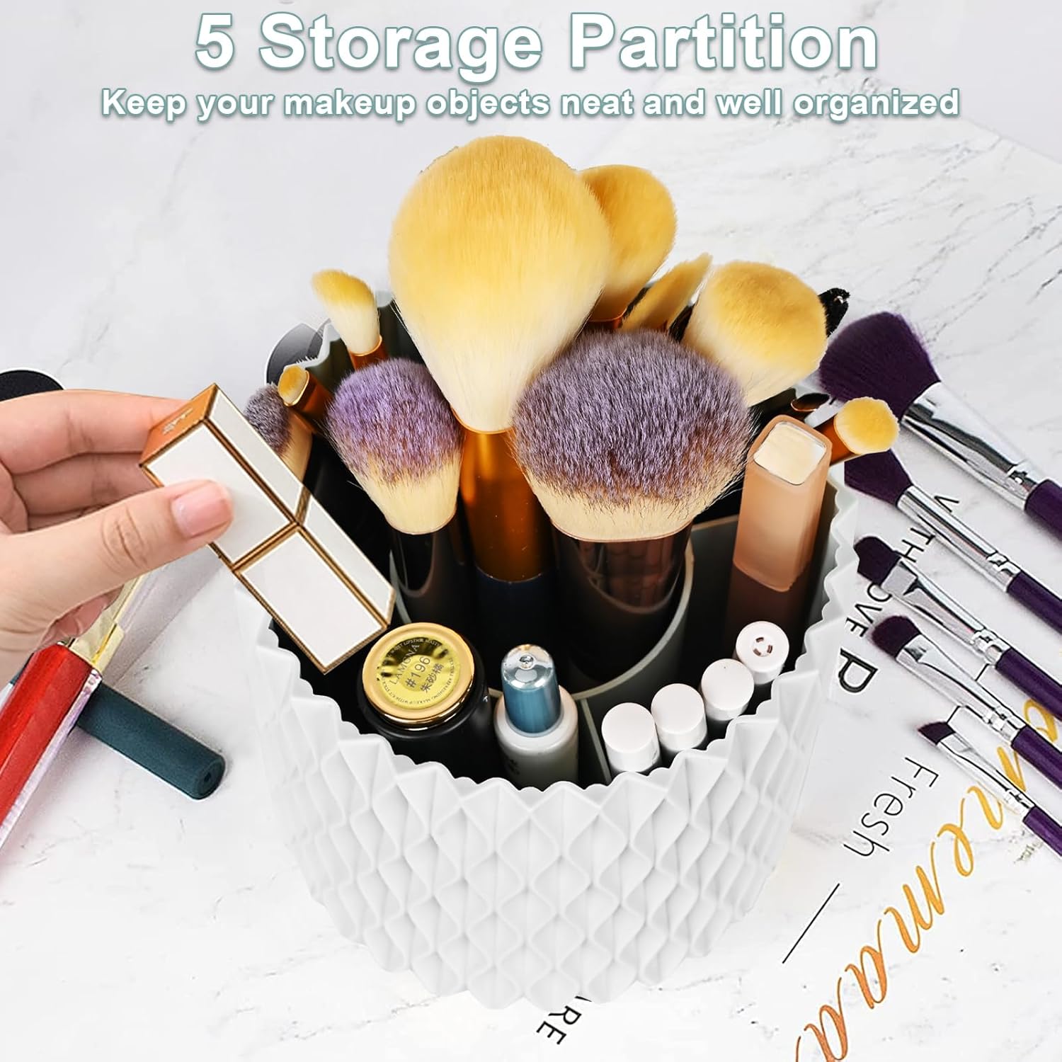 Pearl White 360 Rotating Makeup Brush Holder with 5 Slots for Vanity - Image 6