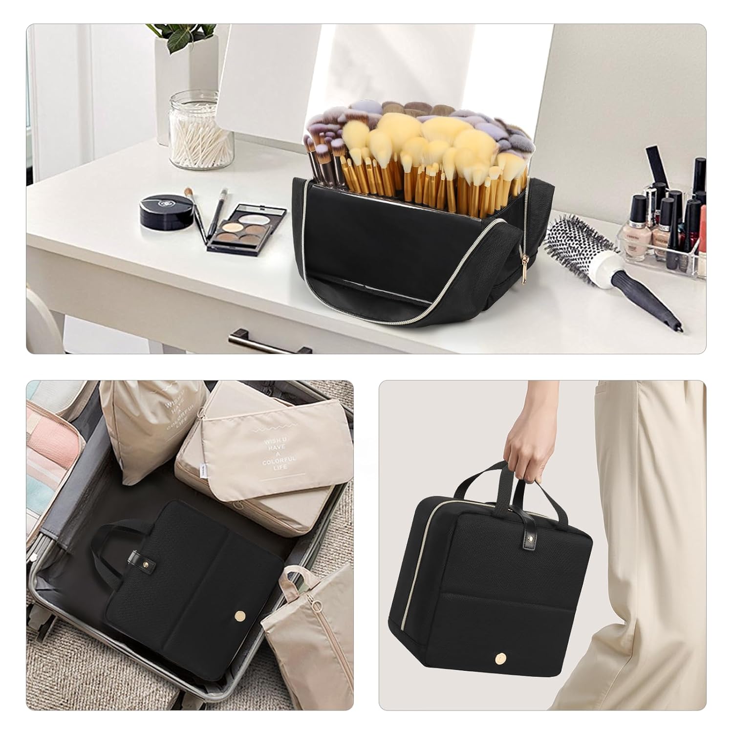 Portable Travel Makeup Brush Bag, Large Capacity with Detachable Dividers - Image 7