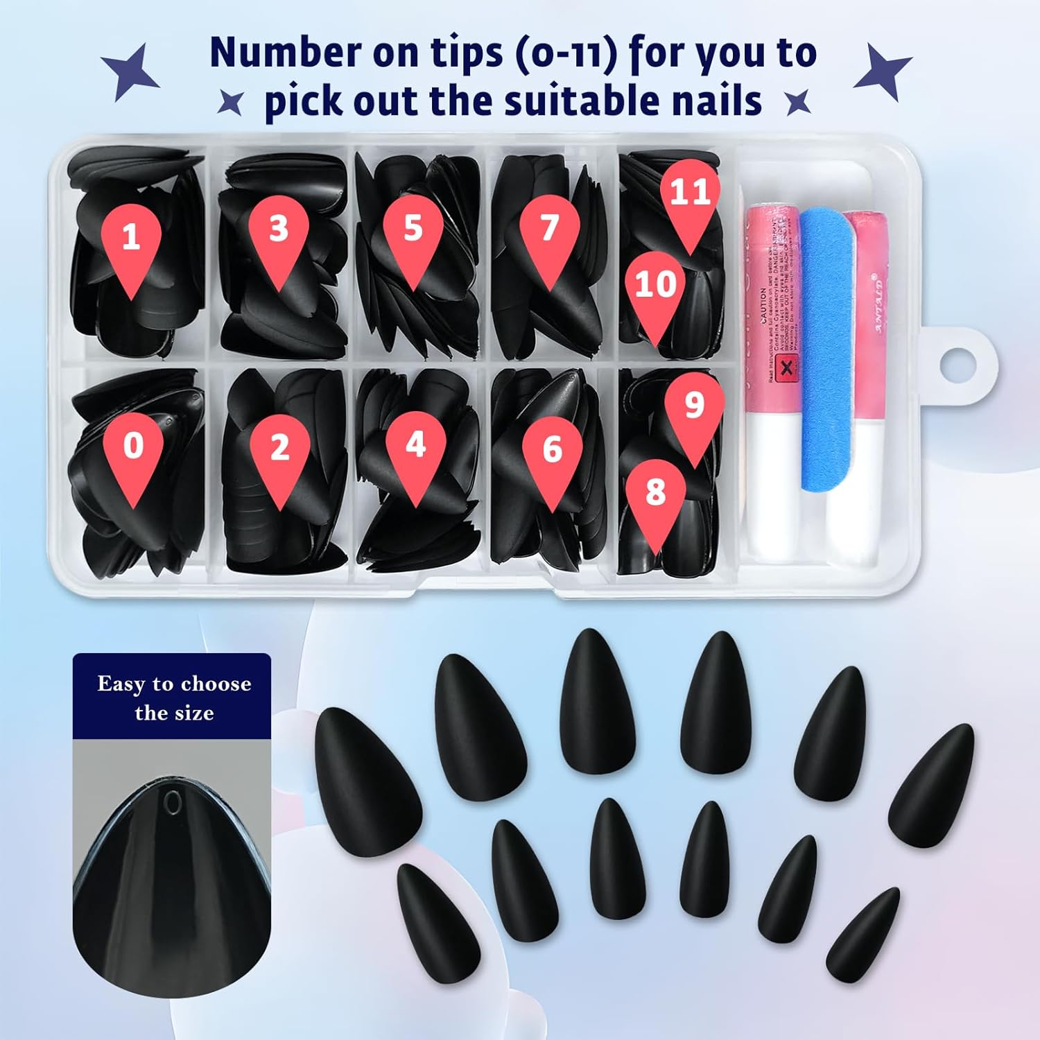 240pc Almond Matte Black Press On Fake Nails Kit for Women & Girls - Image 5