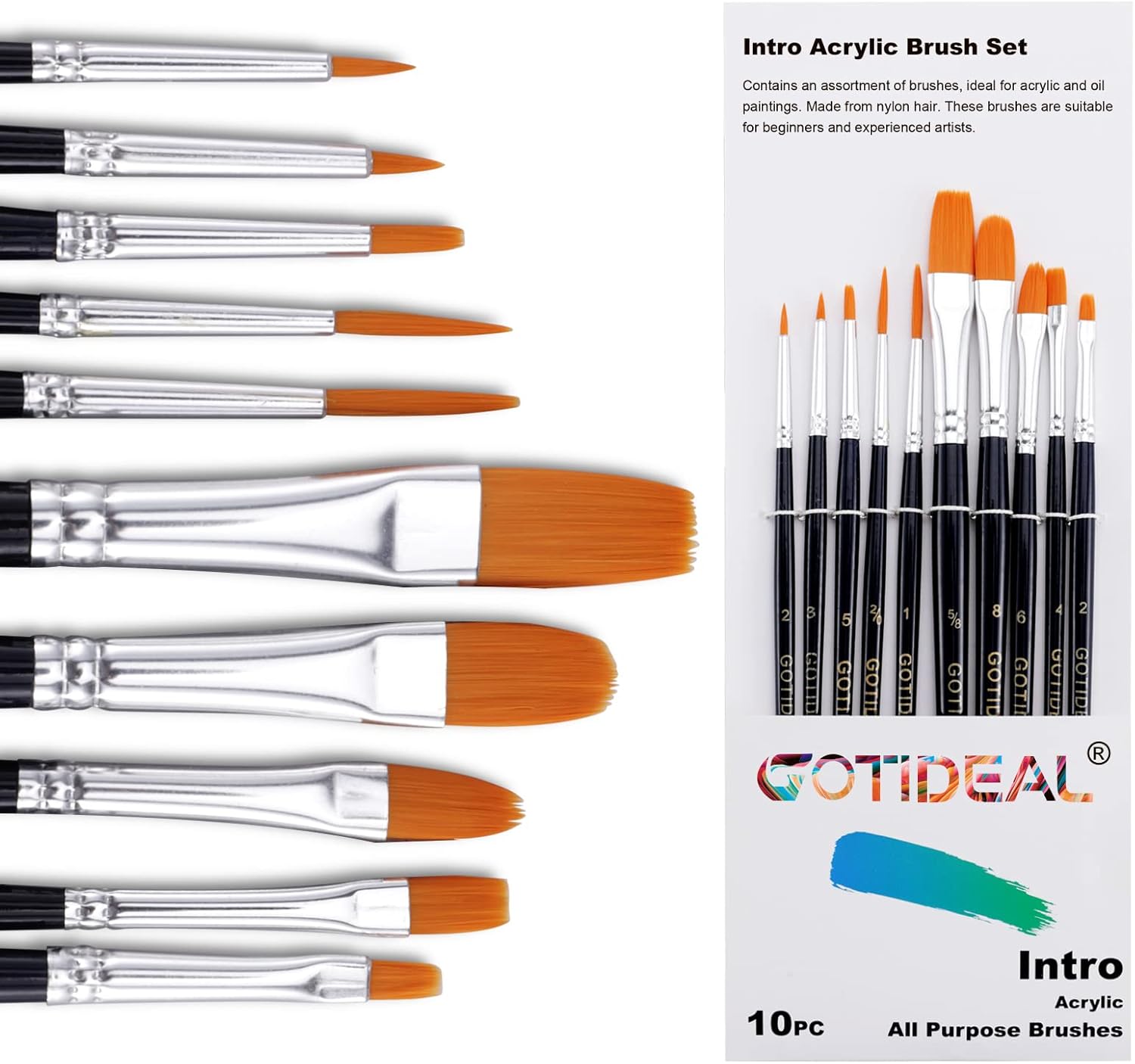 GOTIDEAL Paint Brush Set, 10 Pcs Round Pointed Tip, Small Nylon Hair Brushes for Acrylic, Oil and Gouache,Body, Face Nail Art and Rock Painting, Perfect for Kids & Adult
