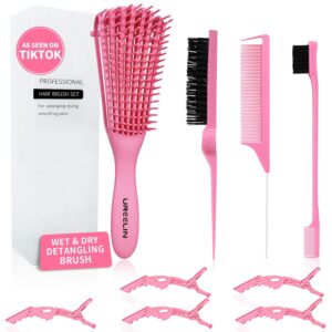 Detangler Brush Set for 3a,4c,Wig/Thick/Wavy/Curly/Wet Slick Back Hair Brushes,Rat Tail Combs,8-Row,Edge Brush,For braiding,teasing,parting,styling,kids,girls,women(Pink)