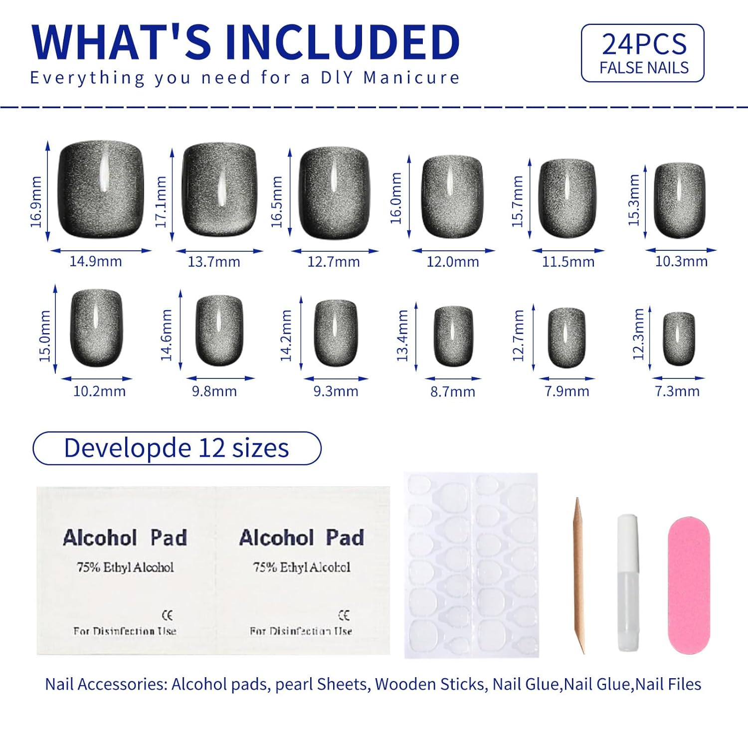 Dewy Gray-to-White Gradient Glossy Cat Eye Short Square Press On Nails Reusable Set - Image 5