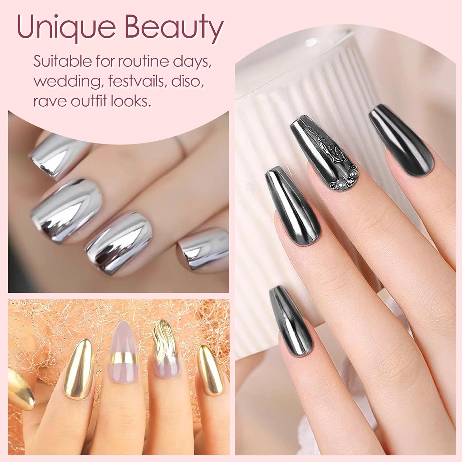 Allstarry 4-Color Metallic Chrome Nail Powder Set - Gold, Silver, Pink Holographic Glitter - Image 5