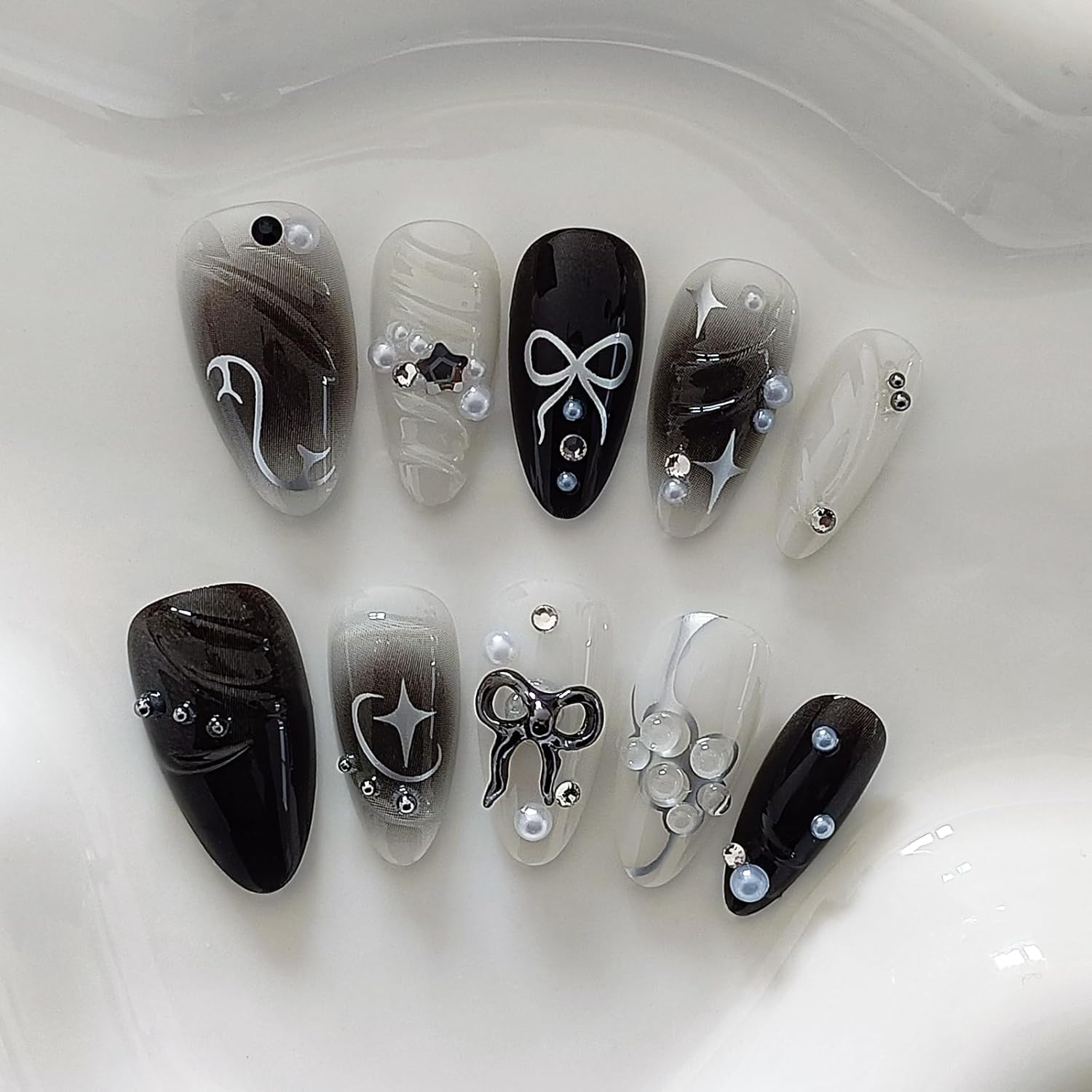 Goth Edgy Almond Press on Nails 24pcs with 3D Bow and Silver Star Embellishments - Image 5