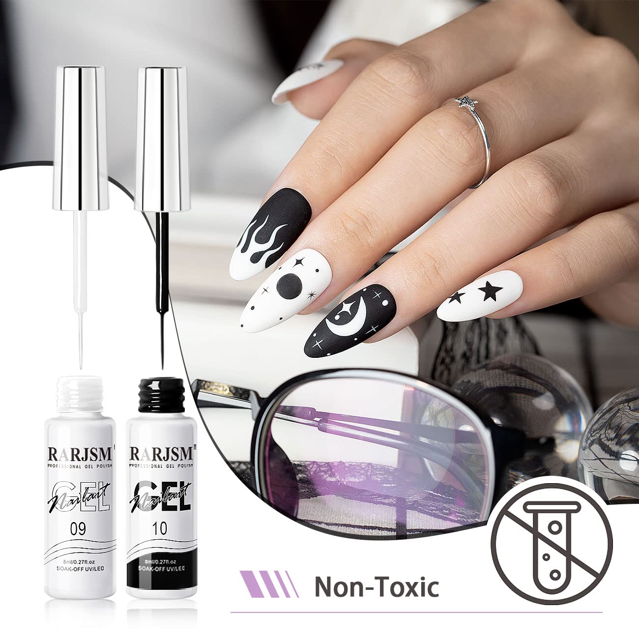 RARJSM 2Pcs 8ml Black and White Nail Art Liner Gel Polish Set with Brush - Image 3