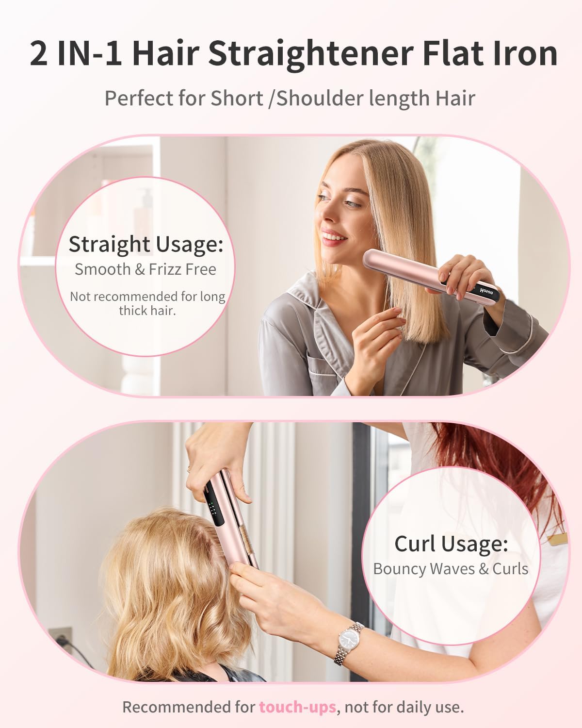 Hoson Pink Mini Cordless 2-in-1 Hair Straightener and Curler USB-C Rechargeable for Short Hair 1-Inch Barrel - Image 2