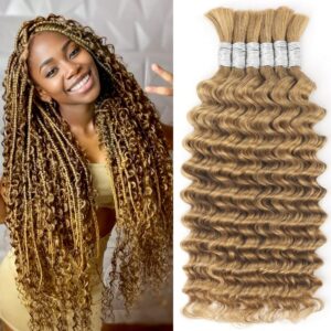 Braiding Hair for Boho Braids Deep Wave Human Hair 150g 20 Inch Curly Boho Hair for Braiding Knotless 12A Brazilian Virgin 6 Bundles/Pack Honey Blonde Wet and Wavy Human Braiding Hair 27#