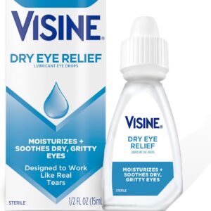 Visine Dry Eye Relief Lubricant Eye Drops, Artificial Tears with Polyethylene Glycol to Moisturize and Soothe Irritated, Gritty and Dry Eyes, Designed to Work Like Real Tears, 0.5 fl. oz