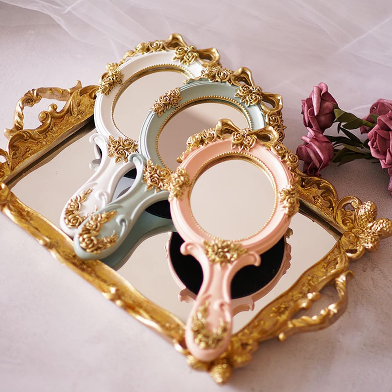Nerien Pink Oval Handheld Makeup Mirror Decorative Rose Design - Image 6