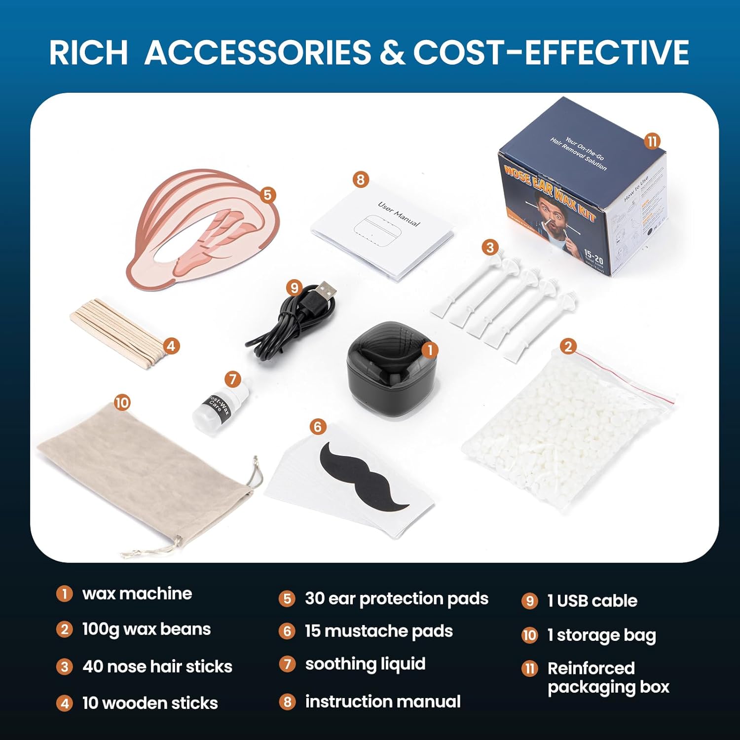 Men's Black Nose Waxing Kit, 100g Wax, 40 Sticks, USB Heating, Complete Set - Image 8