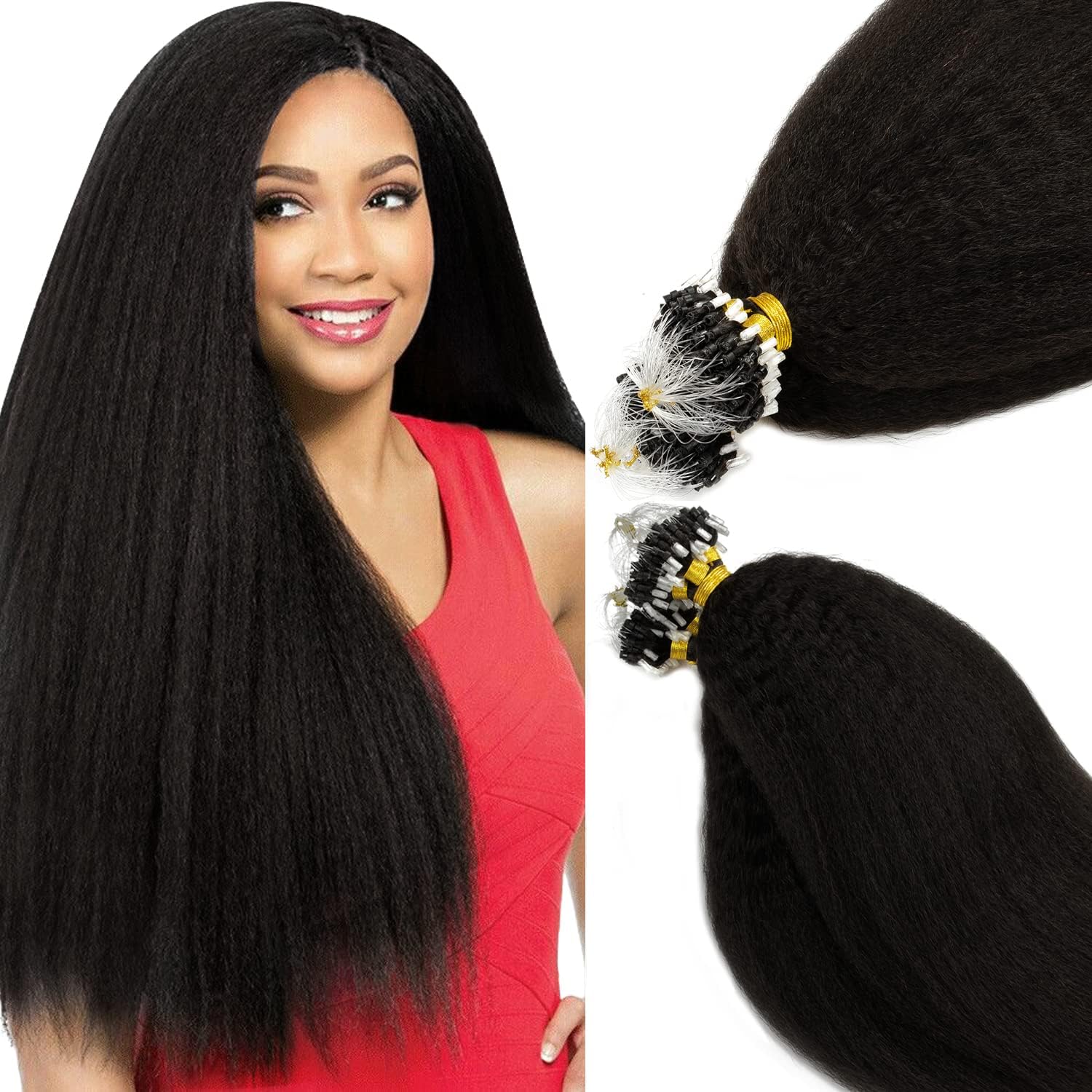 Anrosa Kinky Straight Micro Links Human Hair For Black Women 18 Inch Micro Beads Hair Extensions Human Hair Brazilian Remy Virgin Hair Micro Loop Human Hair Extensions Strands Natural Black Color