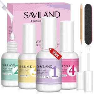 SAVILAND Dip Powder Liquid Set: 4 Pcs Nail Dip Liquid Set with Base Activator Top Coat and Brush Saver 15 ml/0.5 Fl.oz Dipping System Essentials No Curing Home Use DIY Salon Art