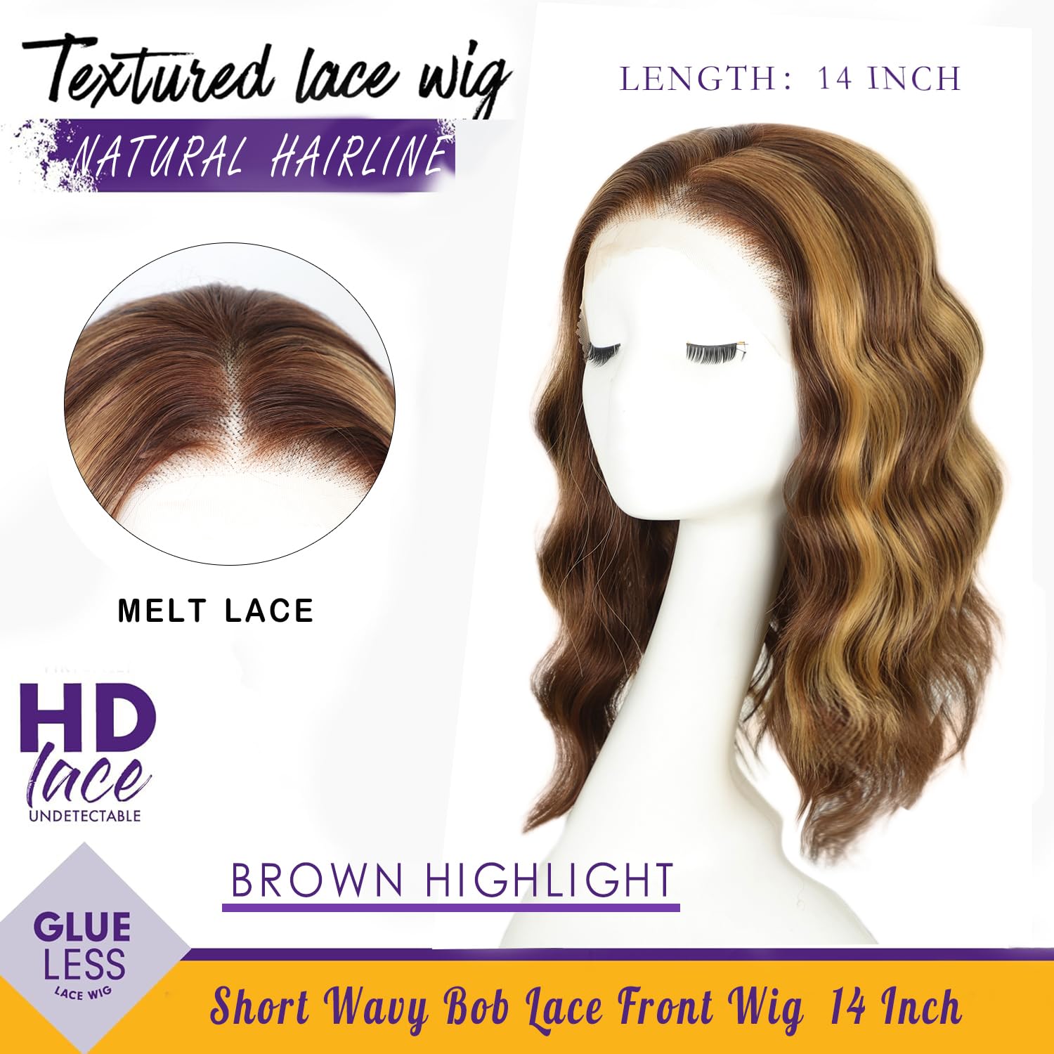 14 Inch Brown Highlight Lace Front Wig for Women Middle Part Daily Use - Image 3