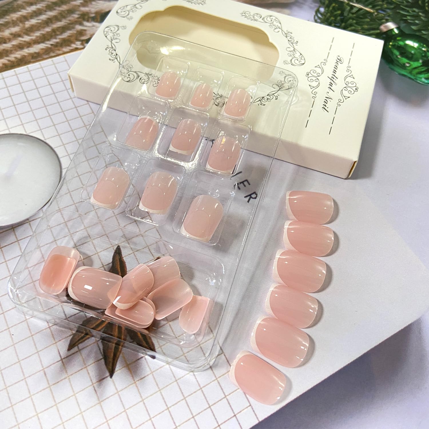 Short Square White French Tip Reusable Acrylic Press-On Nails for Women - Image 4