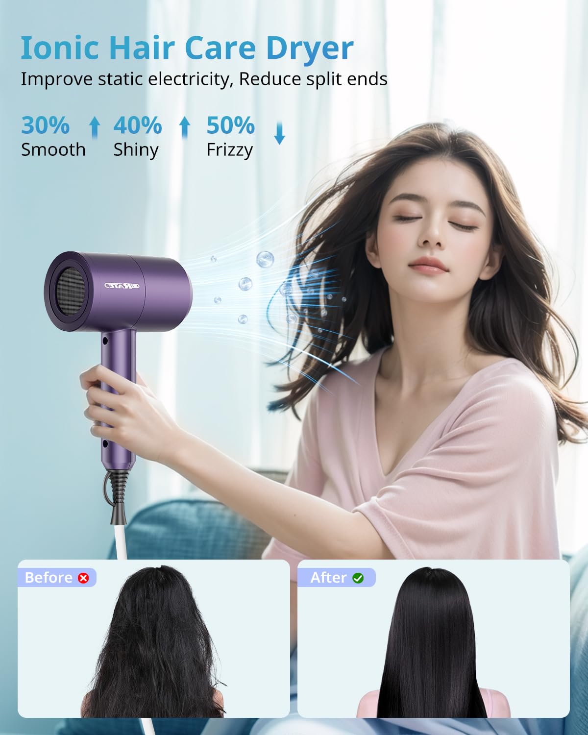 SHRATE 1800W Lightweight Ionic Travel Hair Dryer with Diffuser - Low Noise Mini Design - Image 5