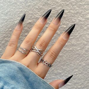 Stiletto Press on Nails Black Ombre Fake Nails Long Almond with Design Acrylic Glue on Nails for Women Girls Full Cover Artificial False Stick on Nail for Daily Wear Wedding Manicure 24Pcs