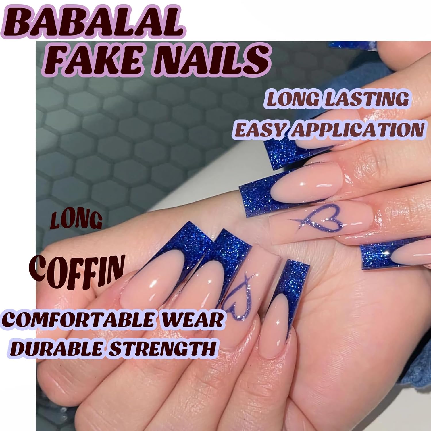 BABALAL 24 Piece Long Square Blue French Tip Glitter Heart Press On Nails Set - Image 5