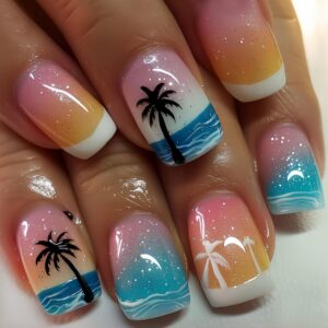 Summer Press on Nails Short Square Fake Nails Full Cover Hawaii Style designs Stick on Nails Glitter Acrylic Nails French Tip Press ones False Nails Glue on Nails for Women Girls Manicure Art 24pcs