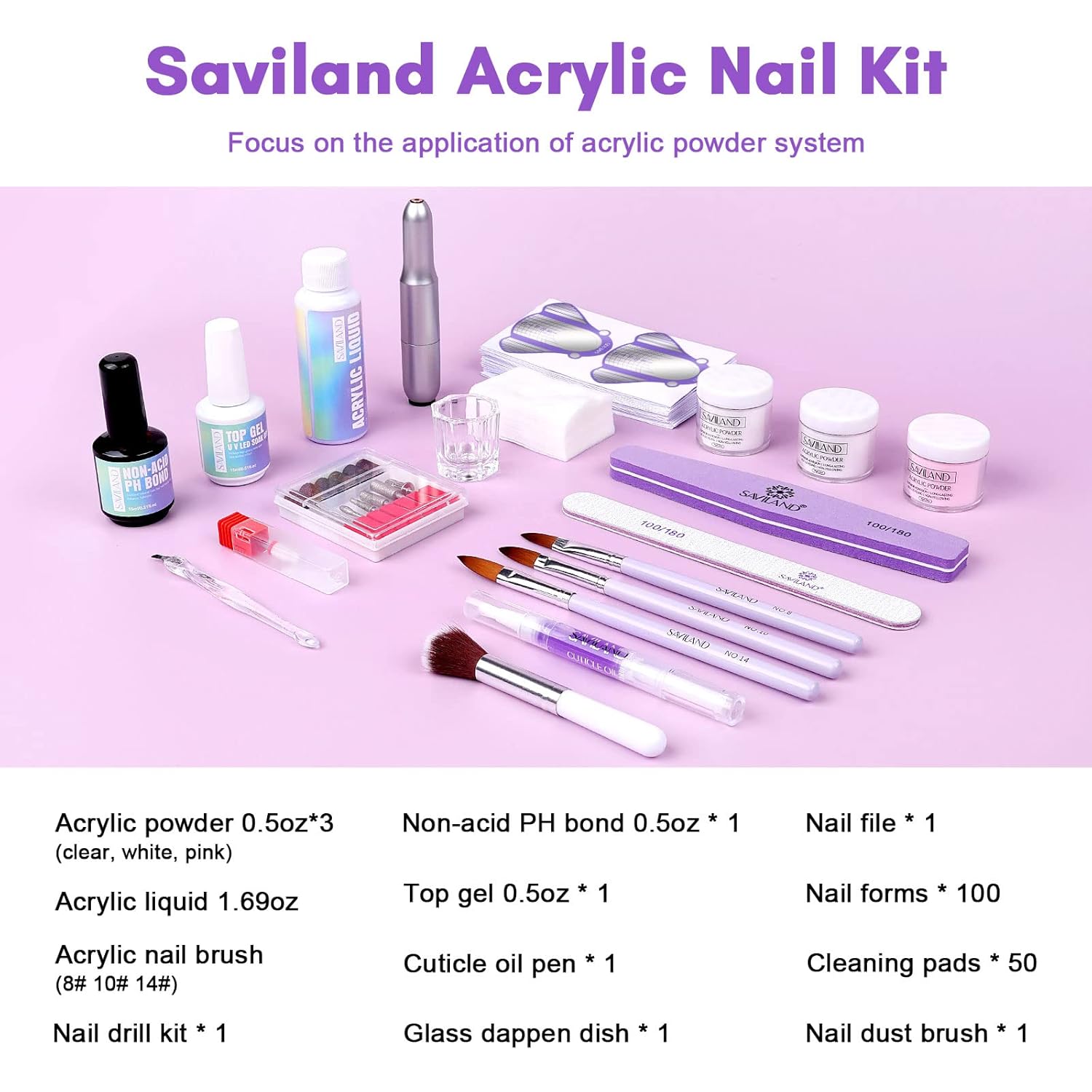 SAVILAND 0.5Oz Acrylic Nail Powder and 50ml Liquid Starter Kit for Beginners - Image 2