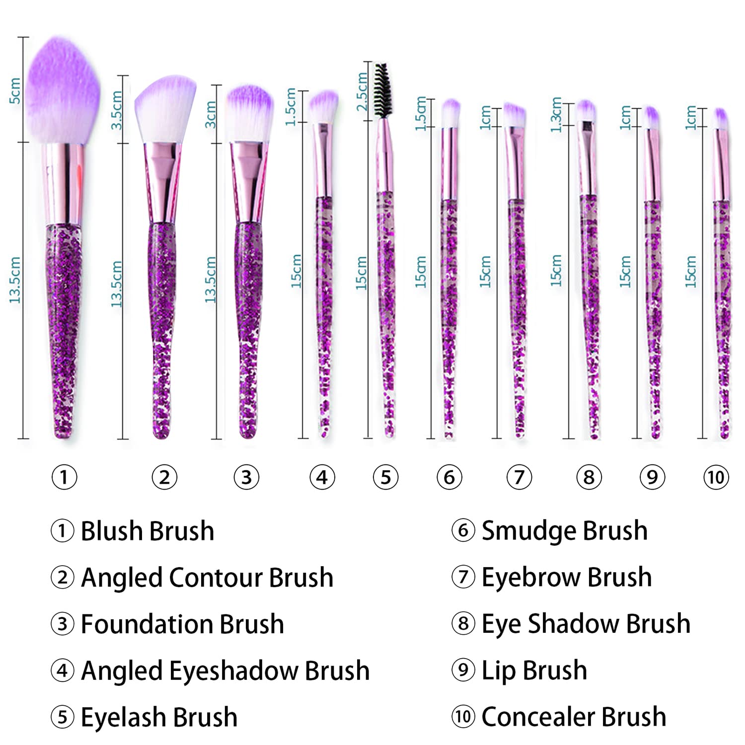 10 Piece Purple Glitter Handle Makeup Brush Set with Clear Pouch for Face & Eyes - Image 7