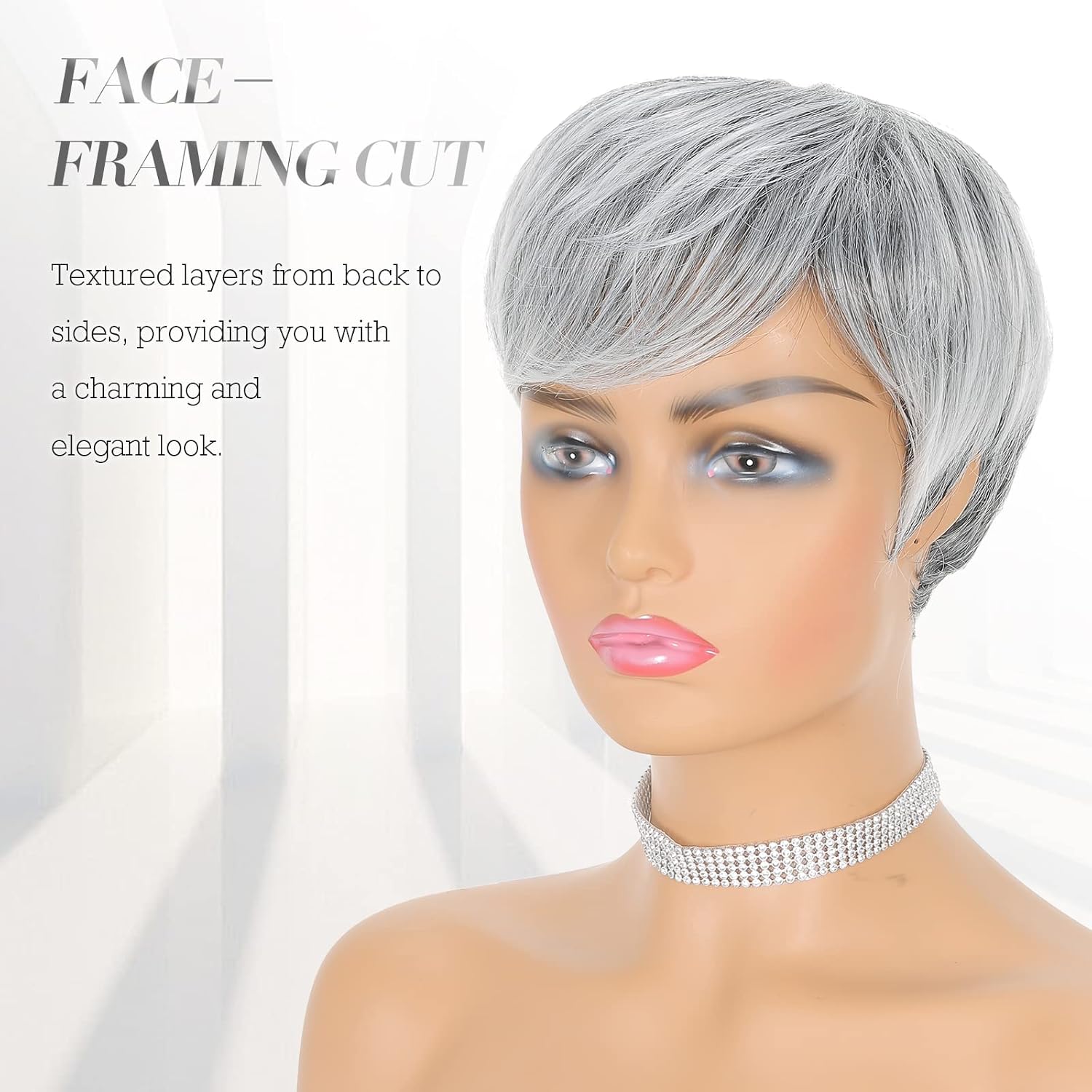 FESHFEN Ombre Gray to Black Pixie Cut Wavy Wig for Women Short with Bangs - Image 3