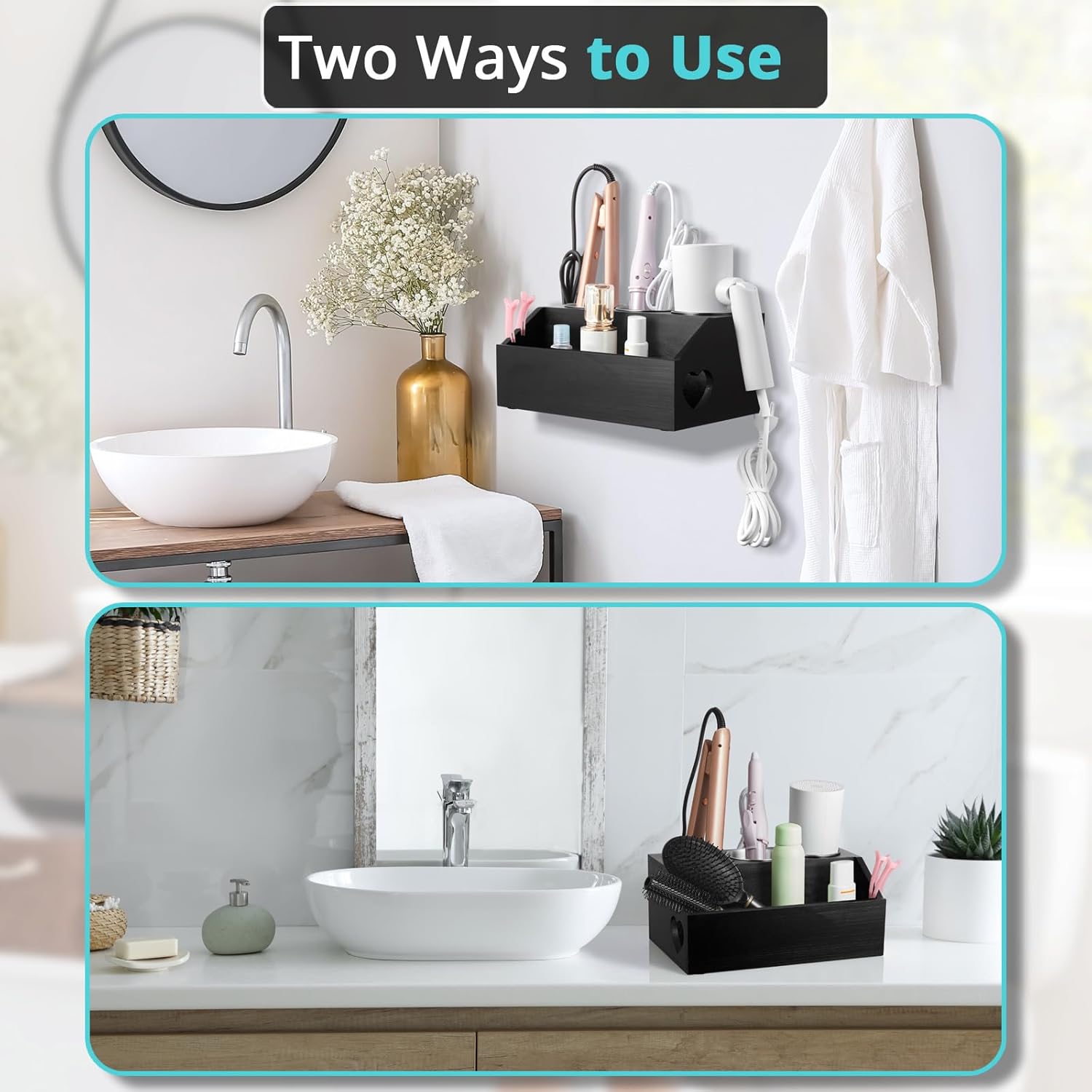 Black Wooden Wall Mount Hair Tool Organizer for Blow Dryer and Curling Wand - Image 5