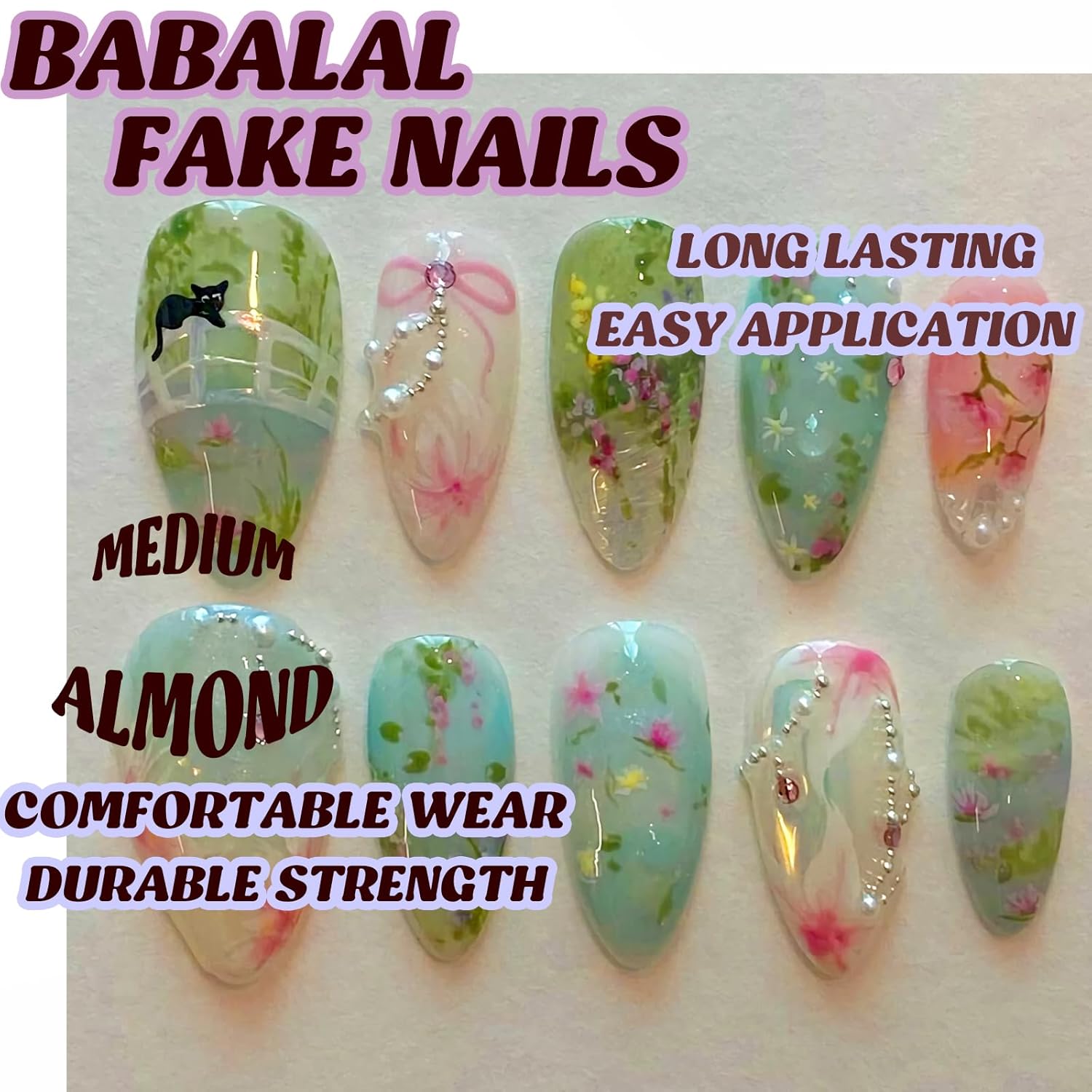 BABALAL Medium Blue Green Almond Stiletto Acrylic Press On Nails 24Pcs Bow Design - Image 6
