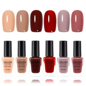 GELLEN Nail Polish Set, Quick Dry Natural Traditional Regular Nail Polish 6 Colors Nude Red Kit for Acrylic Natural Nails Home Salon, Non Gel, No UV, Hema Free, Non-toxic