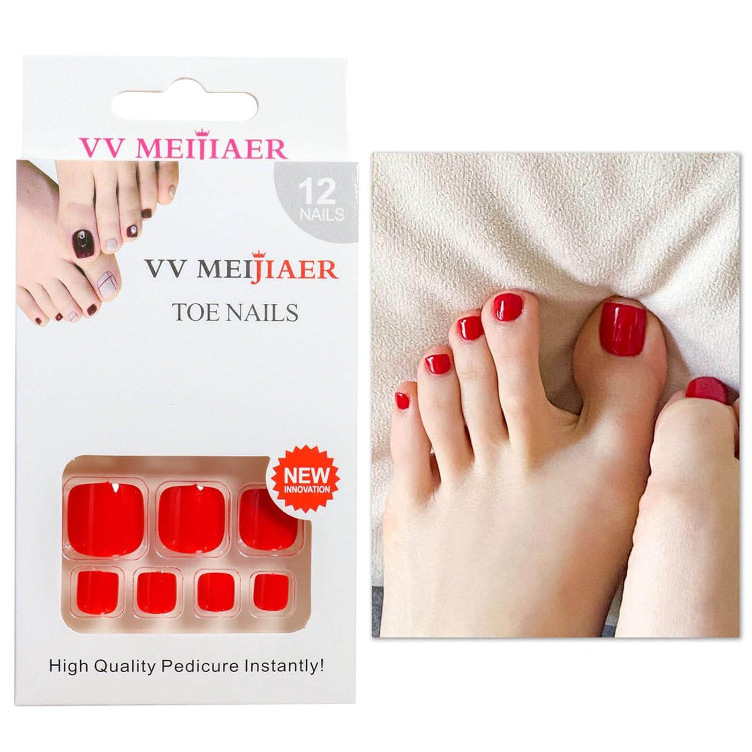 Red Glossy Full Cover Press-On Toenails 24 Pcs Artificial Tips for Daily Wear - Image 4