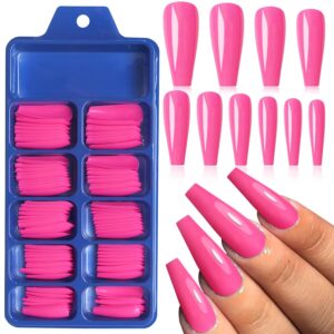 Rose Red Acrylic Press on Nails Long Coffin Press on Nails 100pcs Fake Nails Kit Full Cover Nails Press ons Ballerina False Nails Sets Glossy Stick on Nails for Women