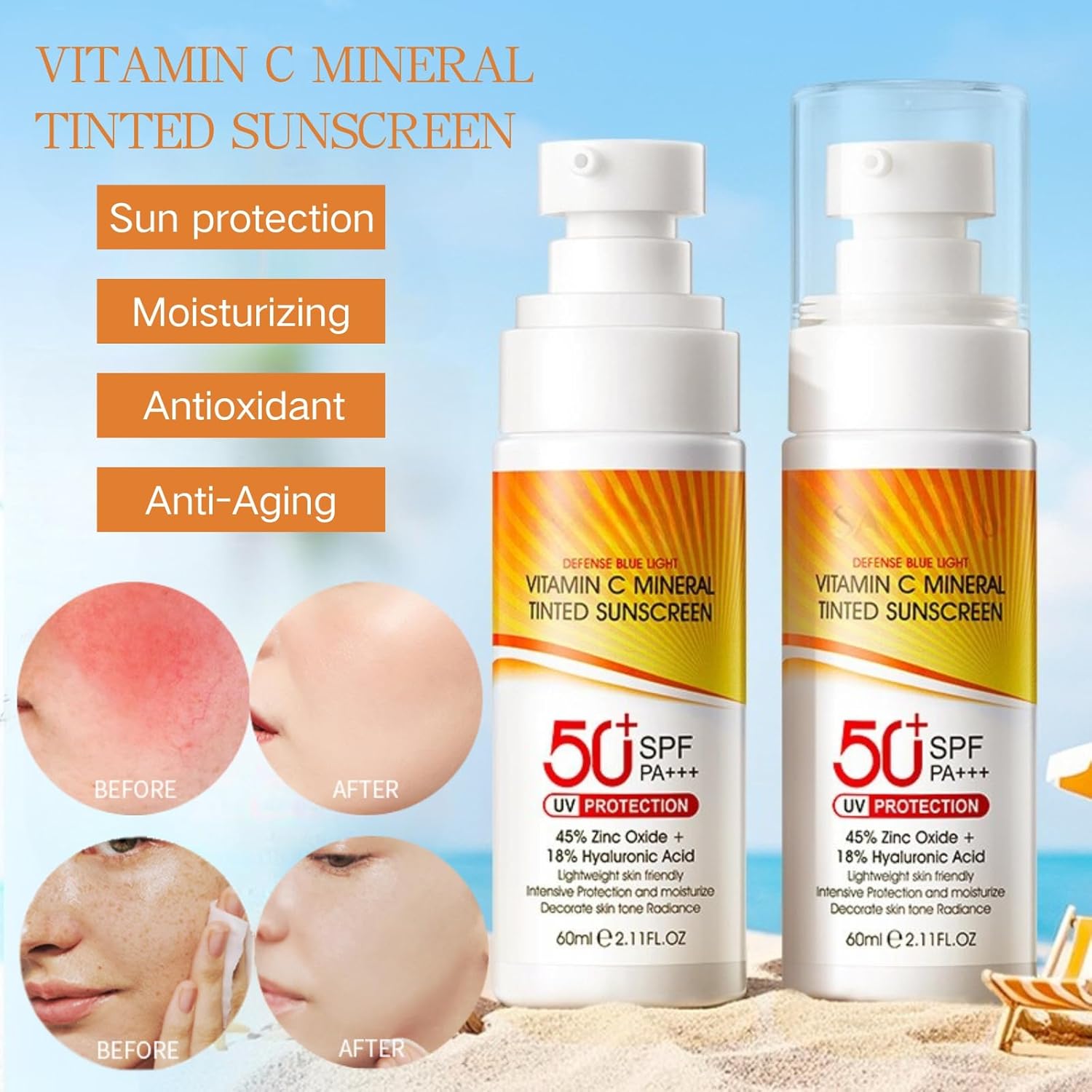 2 Pcs Tinted Mineral Sunscreen Lotion for Face SPF 50+ with Zinc Oxide and Hyaluronic Acid - Image 2