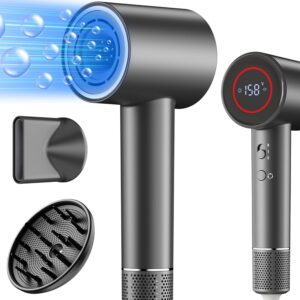 Hair Dryer with Diffuser - 1600W Ionic Blow Dryer with Magnetic Nozzle & HD Display - 110,000 RPM Fast Drying for Travel - 4 Temperature Settings (Grey)