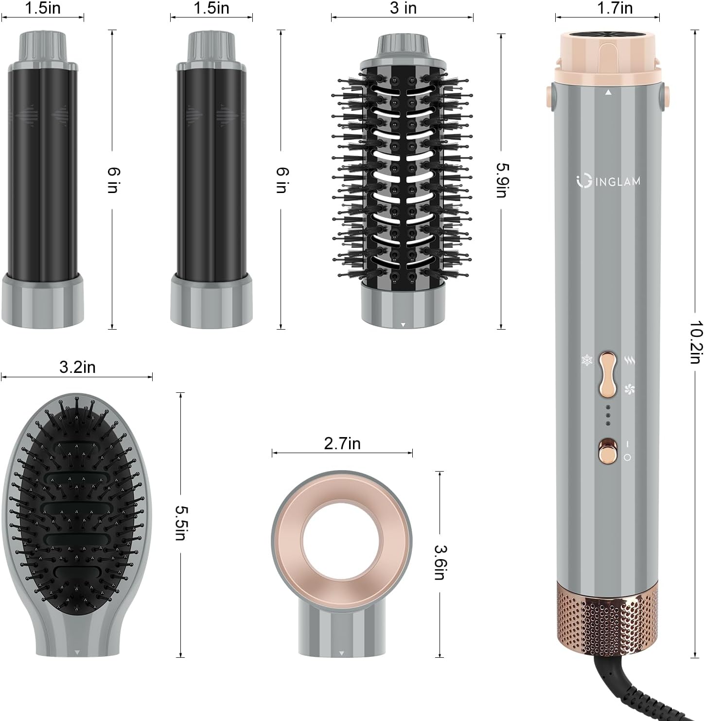 IG INGLAM MegaAIR Styler 5-in-1 Hair Dryer Brush, 110,000 RPM Motor, Gray, New - Image 9