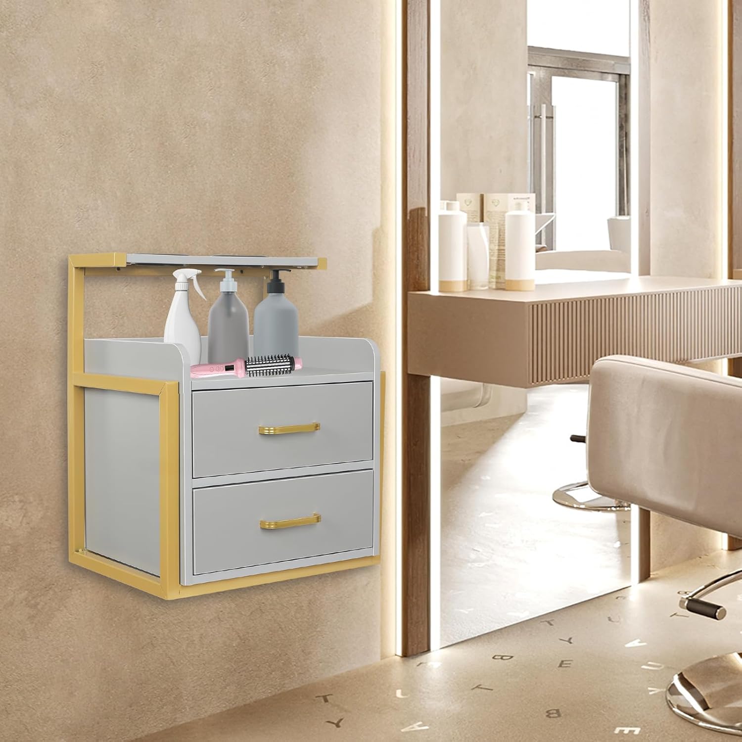 Gold and Grey Salon Workstation with 2 Drawers and Hair Dryer Holder - Image 5