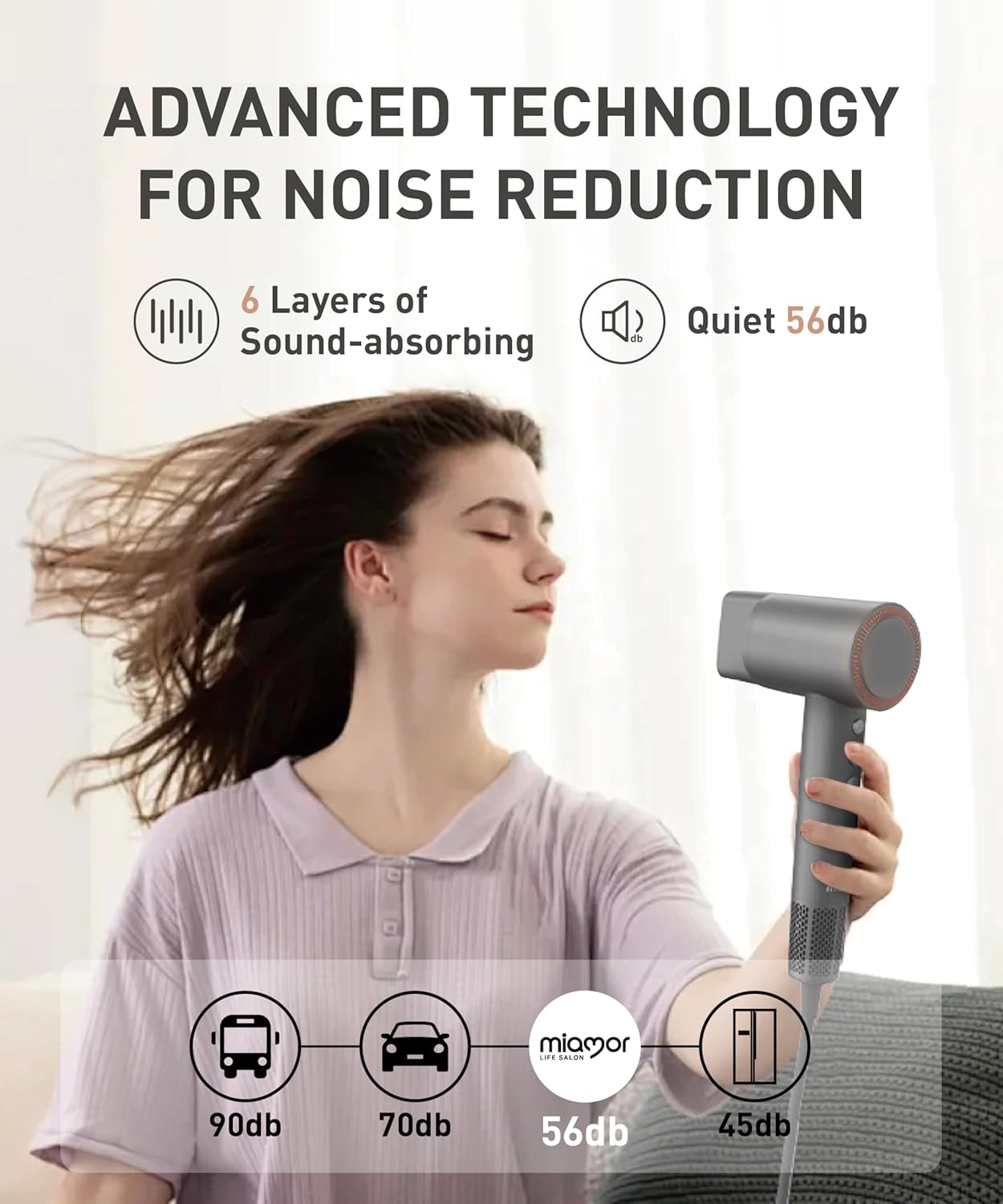 Professional Ionic Hair Dryer for Women, 110000 RPM High-Speed Blow Dryer, Magnetic Nozzle, Gray - Image 5