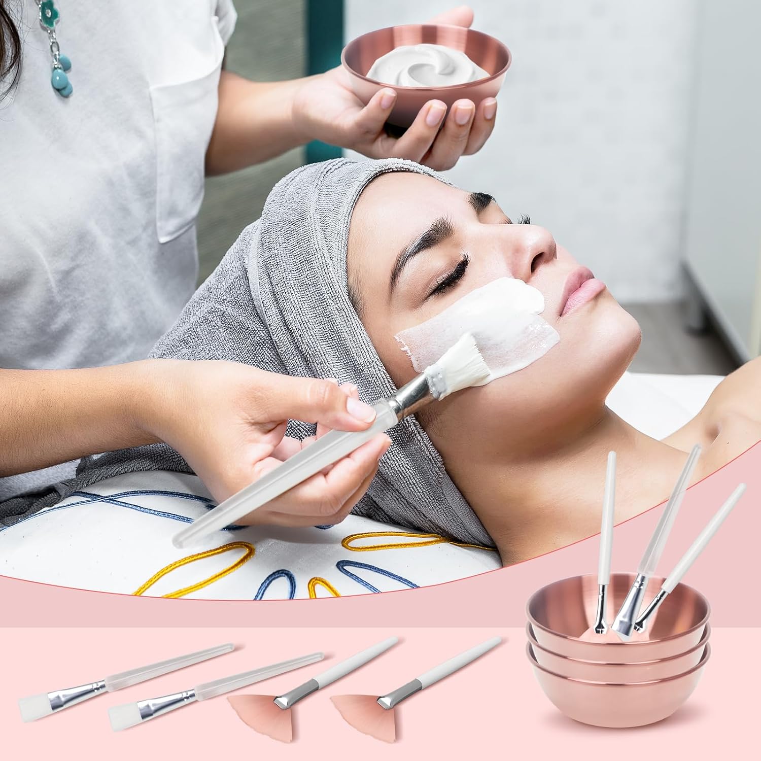 24Pcs Esthetician Supplies Set for Facials with Face Mask Brushes and Rose Gold Bowls - Image 5