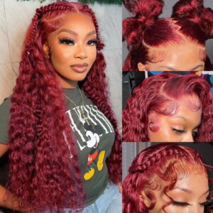 Hedy 30 Inch 99J Burgundy Deep Wave Lace Frontal Human Hair Wigs for Women Pre Plucked Natural Hairline Glueless 13x6 Lace Front Wigs Human Hair 180% Density Deep Wave Full Lace Frontal Wine Red