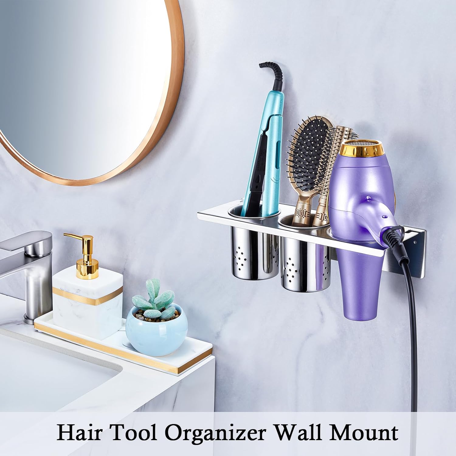 Wall Mounted Hair Tool Organizer with 2 Cups for Blow Dryer, Straighteners, and Curling Irons - Image 2