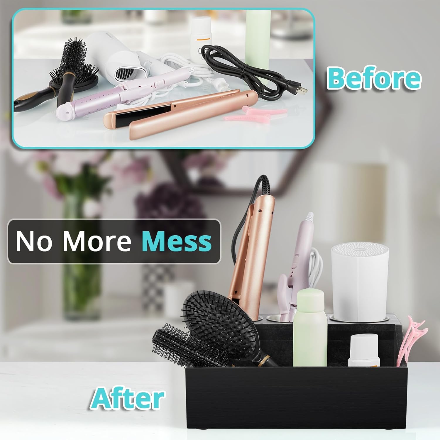 Black Wooden Wall Mount Hair Tool Organizer for Blow Dryer and Curling Wand - Image 4