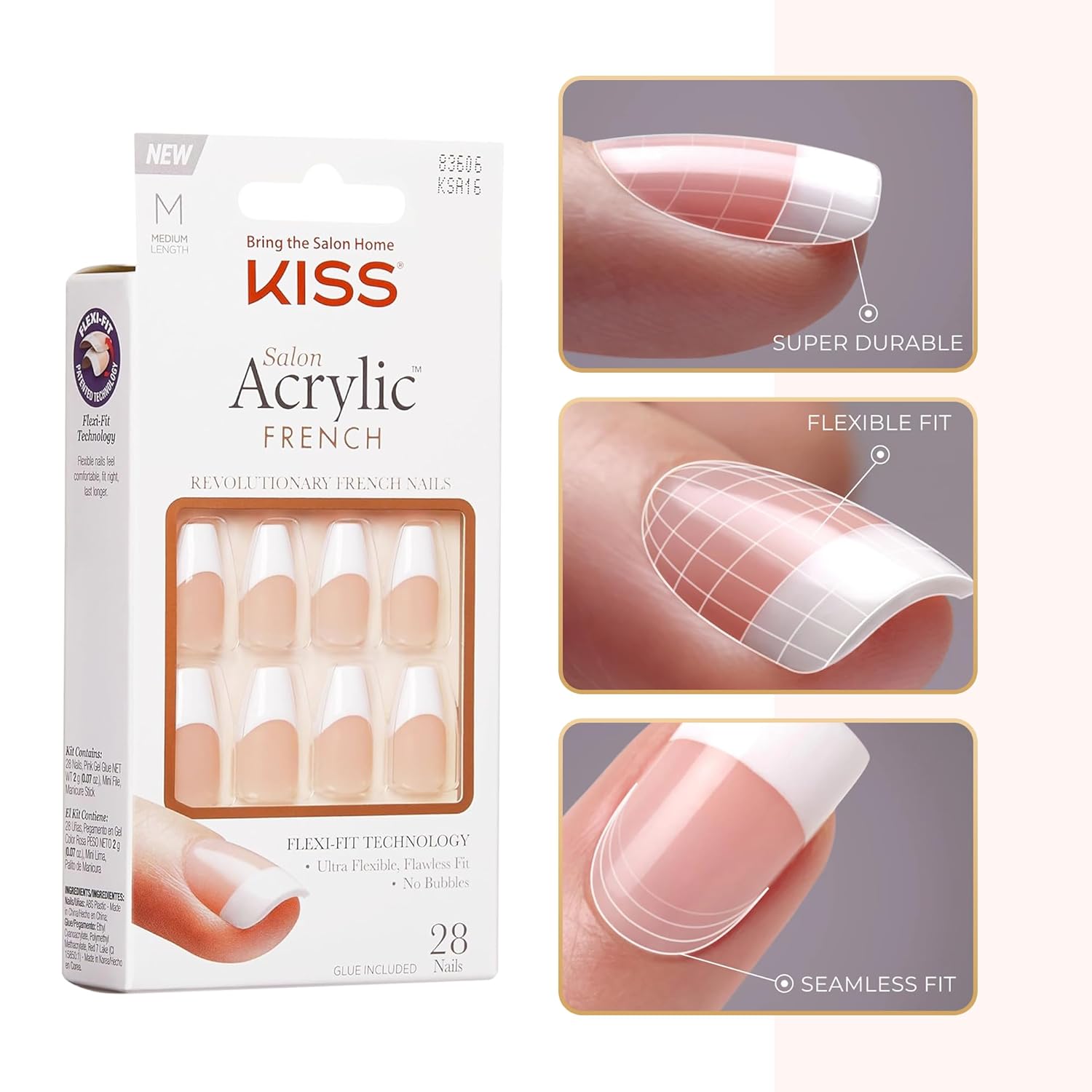 KISS Salon Acrylic French Manicure Kit, Medium Square Fake Nails, 28 Piece Set - Image 6
